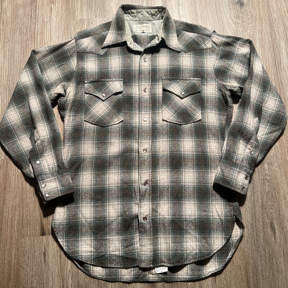 Vtg 70s Pendleton High Grade Western Wear Ombre/Shadow Plaid Shirt Pearl Snap